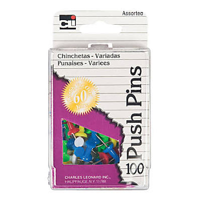 Charles Leonard Push Pins Assorted Color-100