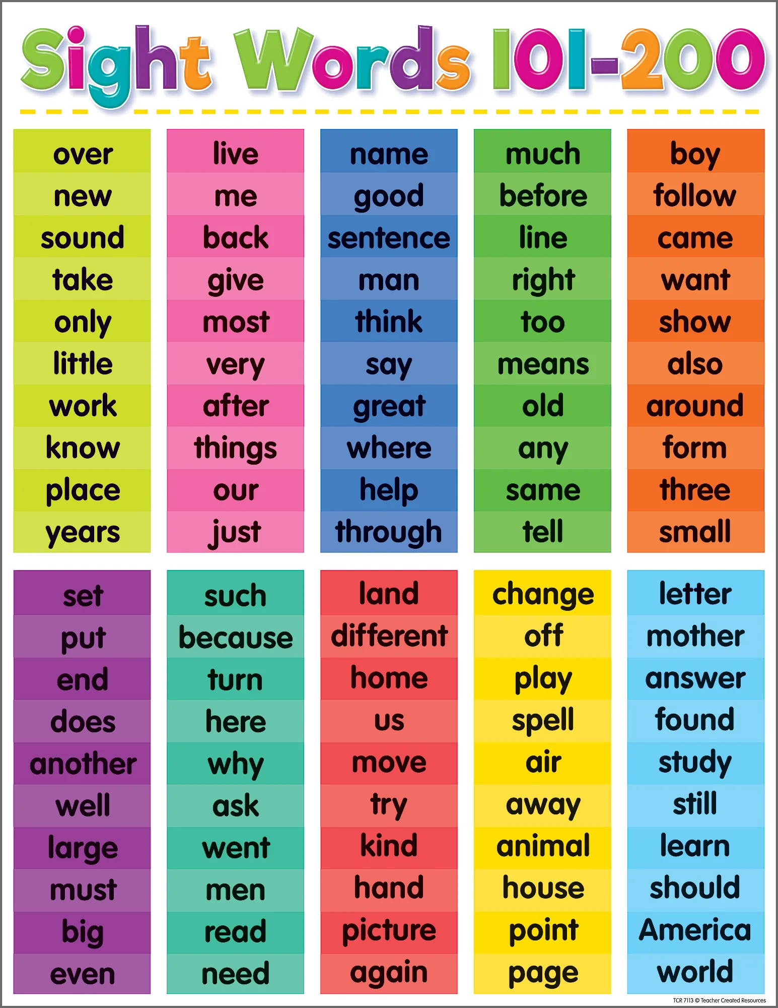 Colorful Sight Words 101-200 Cha