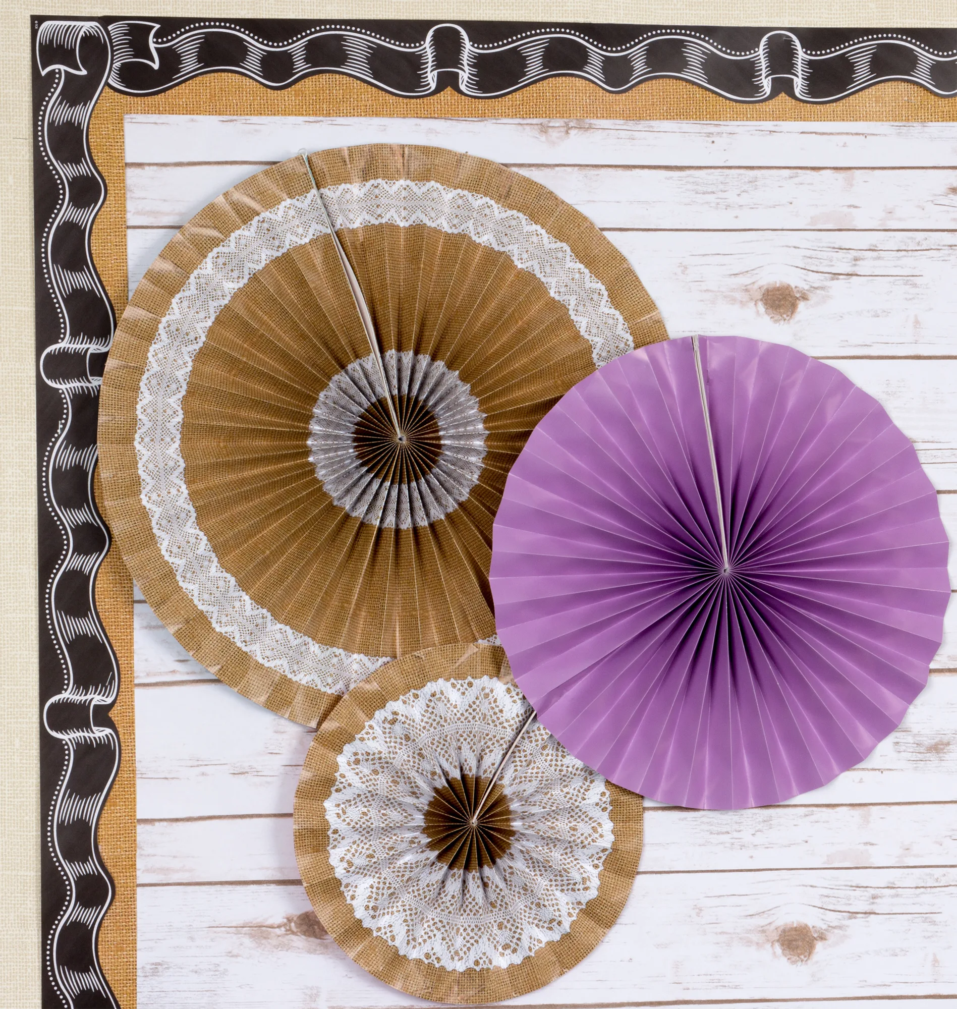 Shabby Chic Burlap Hanging Paper Fans - Image 2