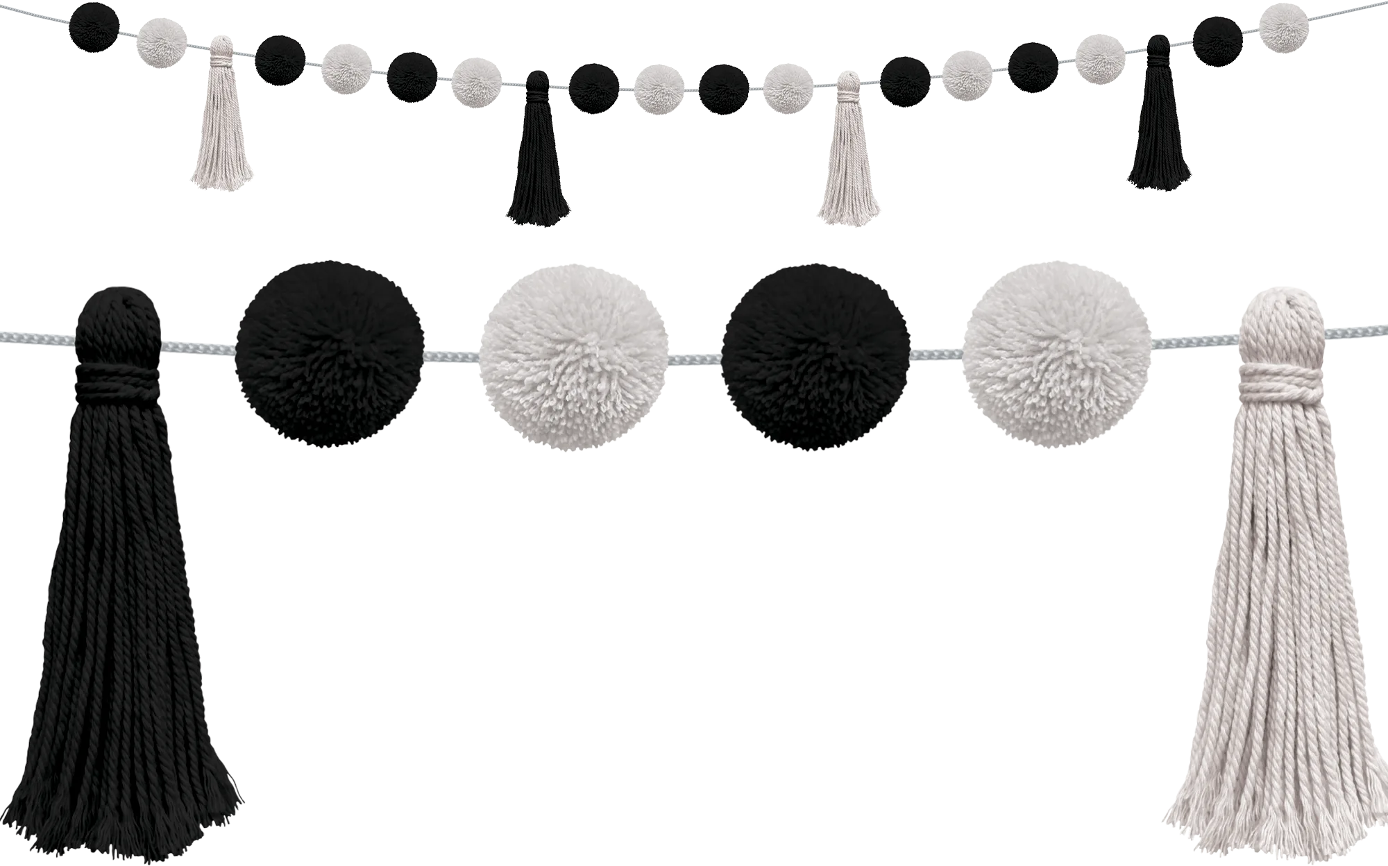Black and White Pom-Poms and Tassels Garland