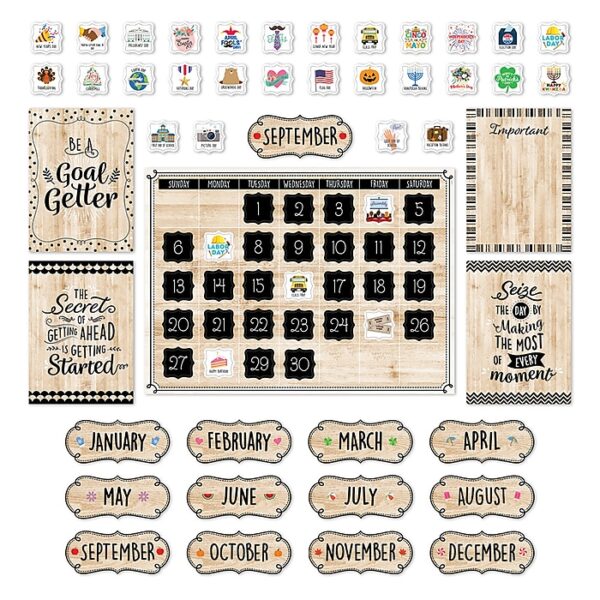 BLACK, WHITE, AND WOOD CALENDAR BULLETIN BOARD SET