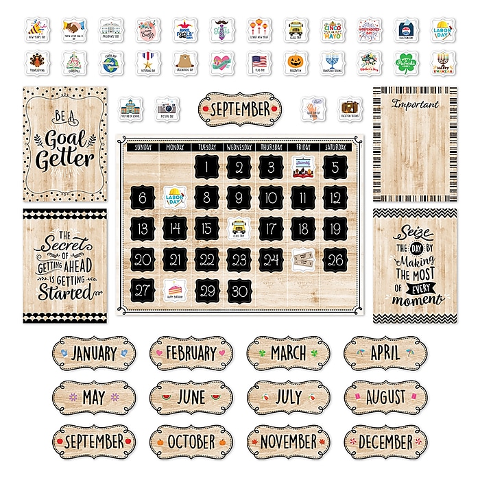 BLACK, WHITE, AND WOOD CALENDAR BULLETIN BOARD SET
